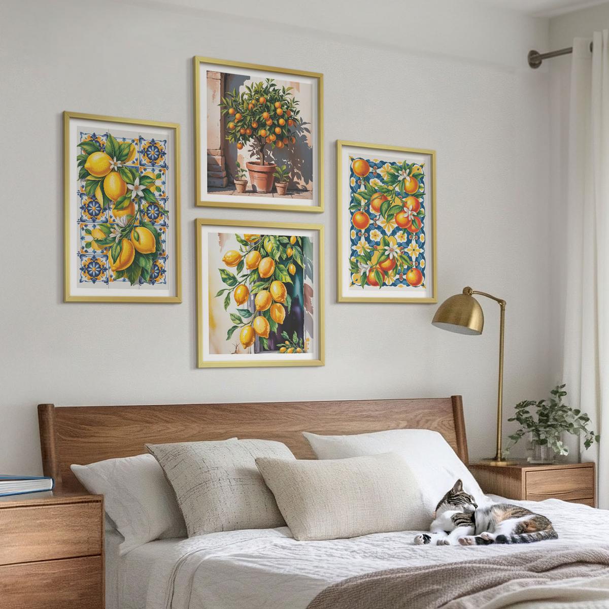 BILDER SET 4er Set - 50x50 cm & 40x60 cm Goldrahmen - Farbenfrohe abstrakte Zitrusfrüchte - Goldfarben, Kunststoff (50/50cm) - TULUP