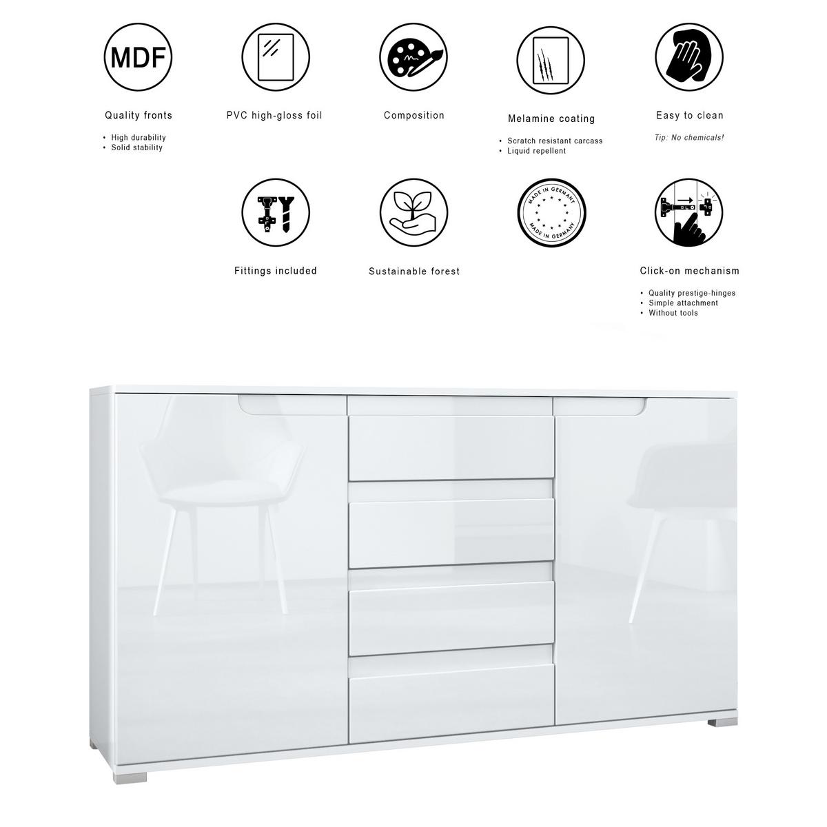 SIDEBOARD Sylt Eiche sägerau / Schwarz Hochglanz - Eiche San Remo, Holzwerkstoff (138.5/75.5/35cm) - Vladon