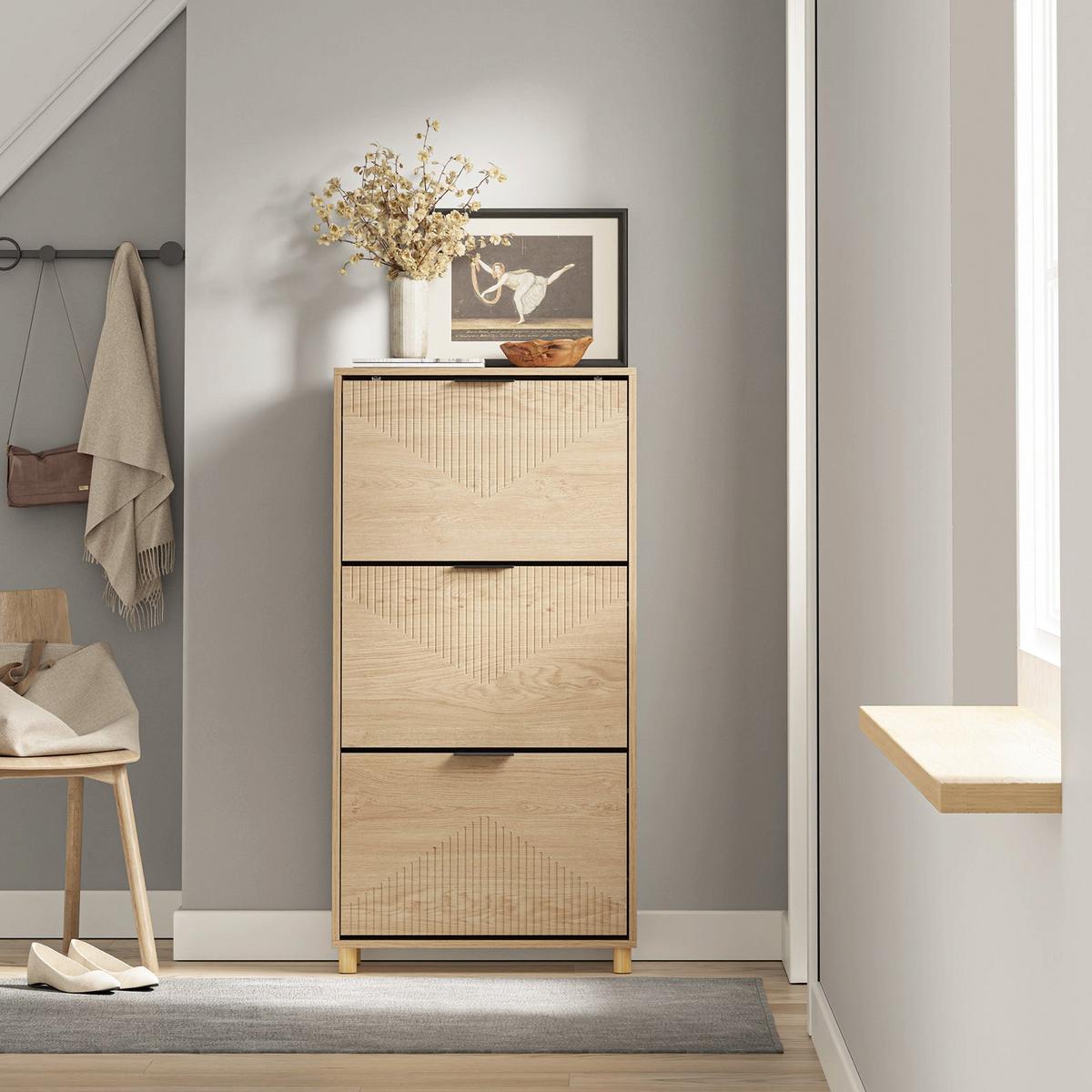 SCHUHSCHRANK mit 3 Klappen, Schuhkipper 60x24x120cm - Naturfarben, Holzwerkstoff (24/120/60cm) - SoBuy