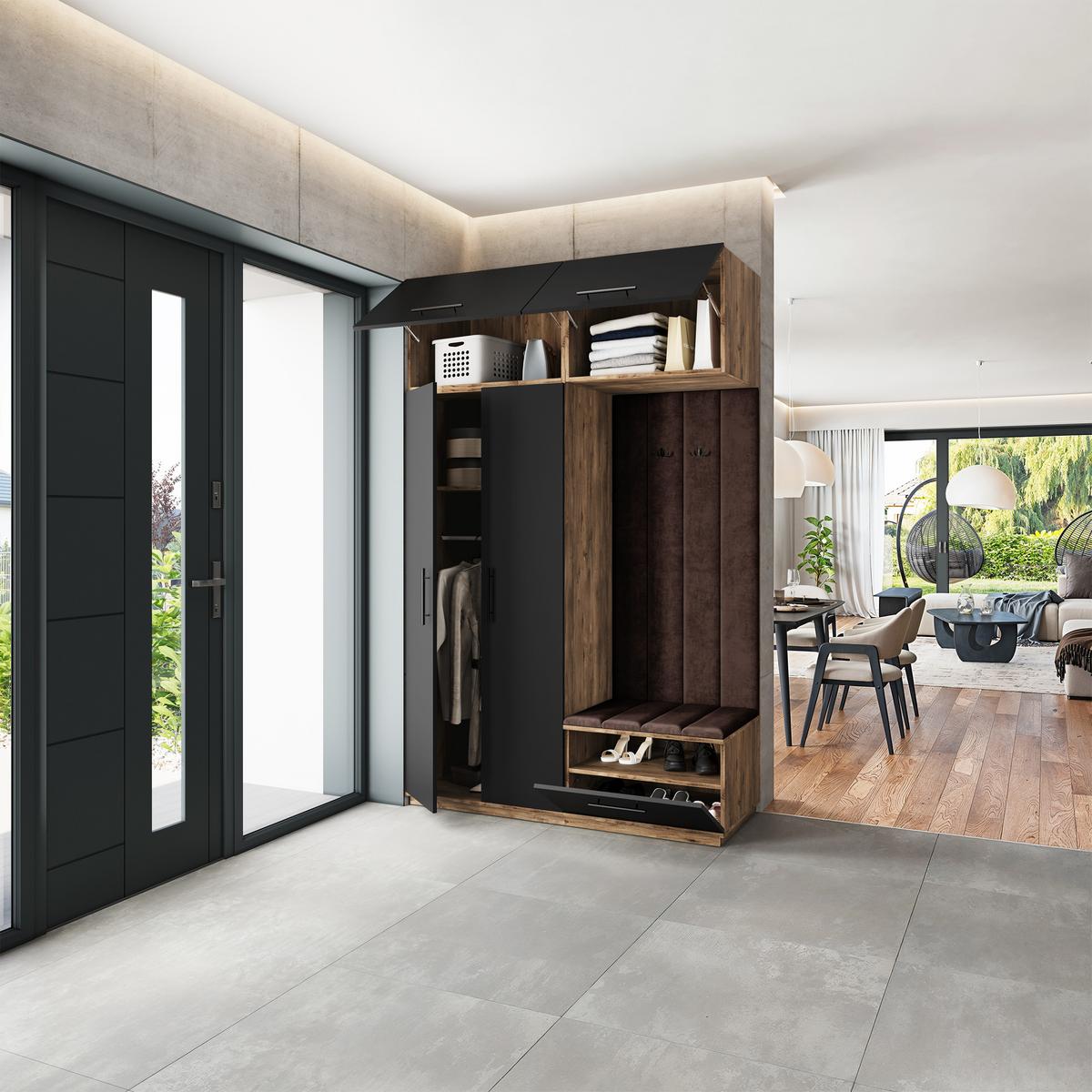 GARDEROBENSCHRANK REMA 150/240/60 cm Modern Garderobe-Set Eiche Lefkas - Eichefarben/Schwarz, Holzwerkstoff (150/240/60cm) - MASSENO