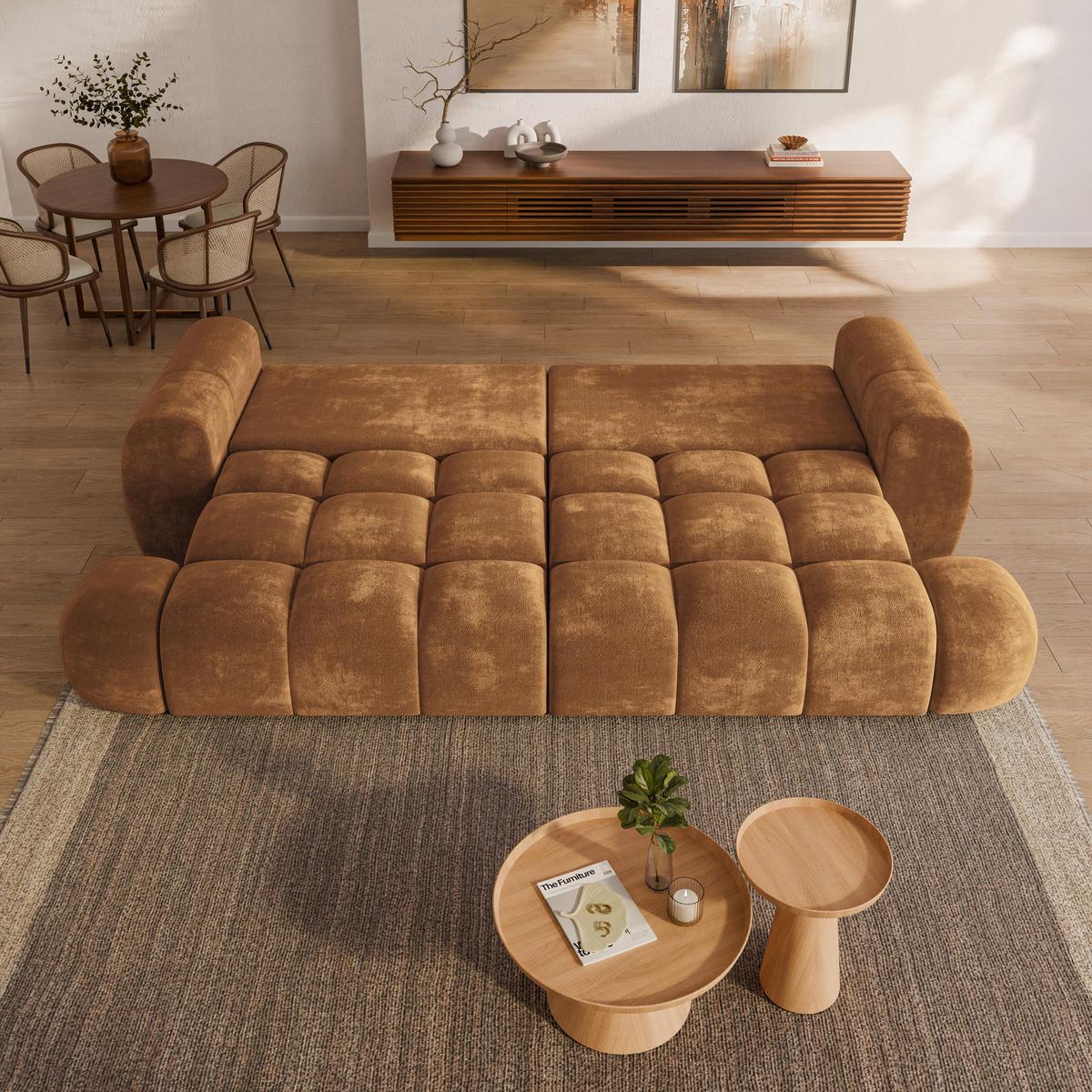 BETTSOFA DAFNE Hellbraun Chenille-Stoff mit Schlaffunktion - Hellbraun, Textil (300/88/113cm) - MASSENO