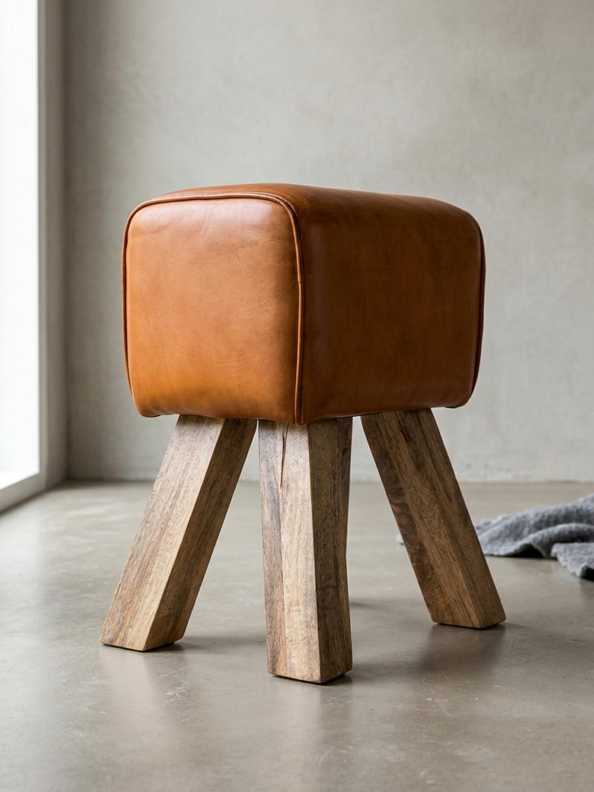SITZHOCKER Retro Landhaus Holzbeine, Braun 40x30x47 cm - Braun, Mangoholz/Leder (40/47/30cm) - KADIMA DESIGN
