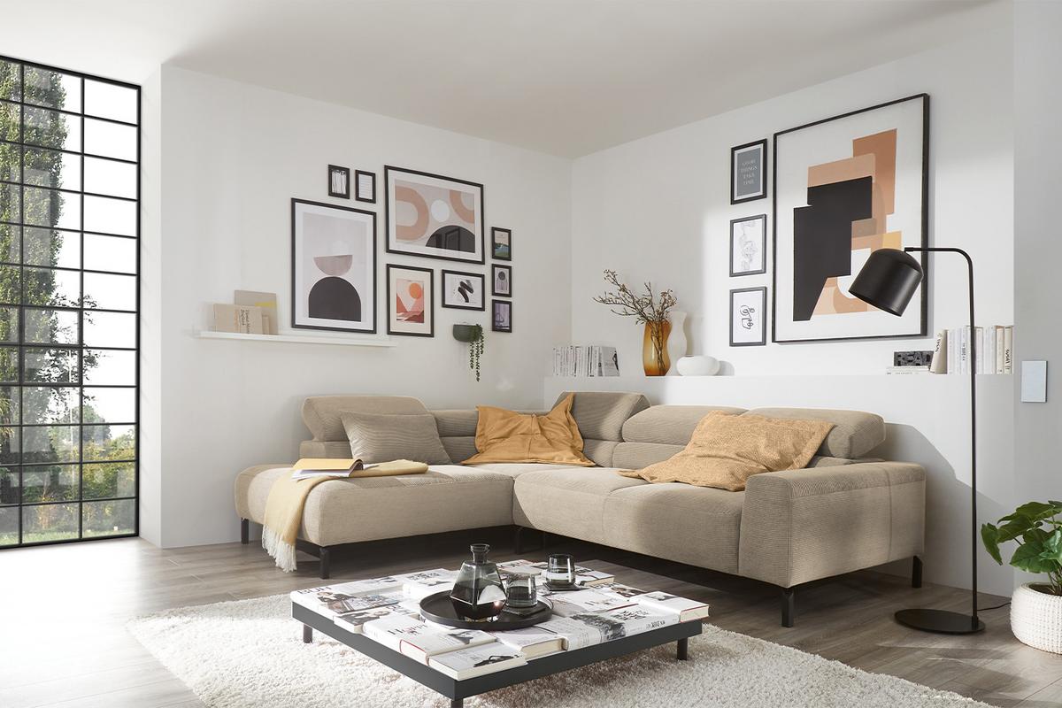 ECKSOFA MIT MOTORISCHEM SITZVORZUG DELIA Beige Cord Relaxfunktion - Beige/Schwarz, Textil/Metall (276/219cm) - KAWOLA
