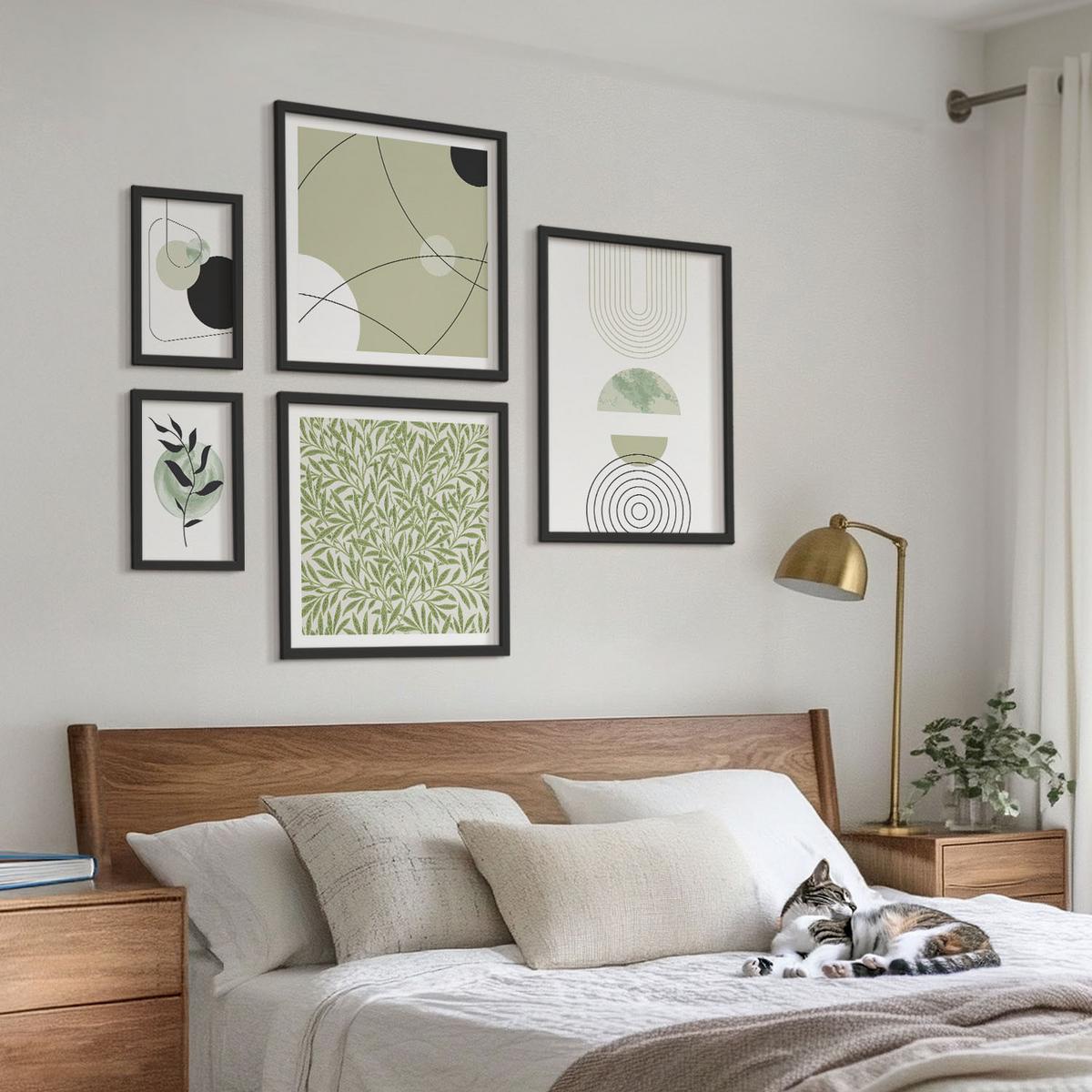 BILDER SET 5er Set - 50x50 cm & 20x30 cm & 40x60 cm Schwarzer Rahmen - Abstrakte Pflanzenmotive - Schwarz, Kunststoff (40/60cm) - TULUP