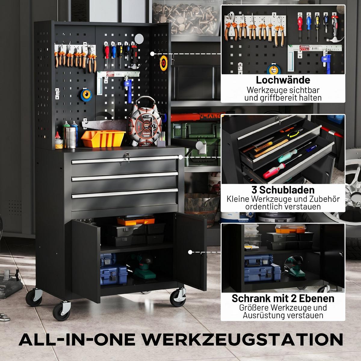 WERKZEUGSCHRANK Stahl Schwarz - Schwarz, Metall (33/133/69cm) - HOMCOM