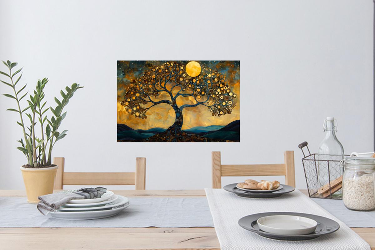 WANDTATTOO Baum - Mond - Blumen - Gold - Kunst Deko Wohnzimmer 60x40 cm - Orange, Kunststoff (60/40/0.1cm) - MuchoWow