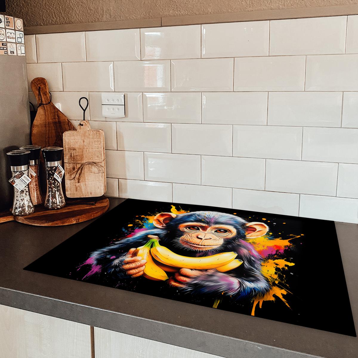 HERDABDECKPLATTE Affe - Graffiti - Farbenfroh - Bananen - Modern Herdabdeckung Induktionsfeld 75x52 cm - Gelb, Kunststoff (75/52/0.2cm) - MuchoWow