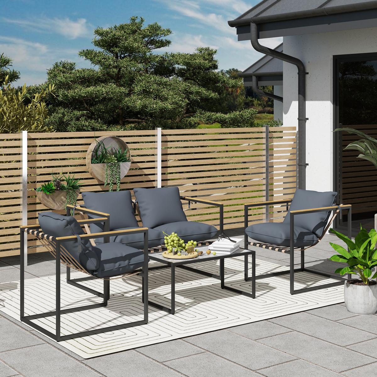 STAHL Gartenmöbel Set 4 Personen wetterfest Balkonmöbel-Set mit 2er Sofa Grau - Grau, Metall - Outsunny