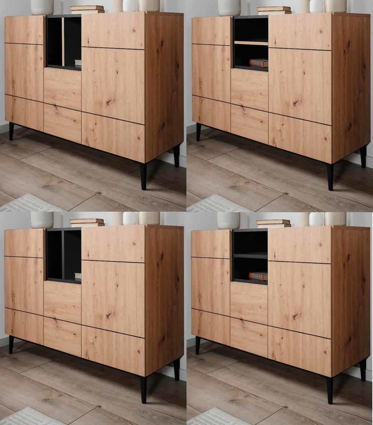 KOMMODE Eiche Artisan, schwarz 120 cm, Sideboard mit viel Stauraum - Schwarz/Eiche Artisan, Holzwerkstoff (120/90/42cm) - Furn.Design