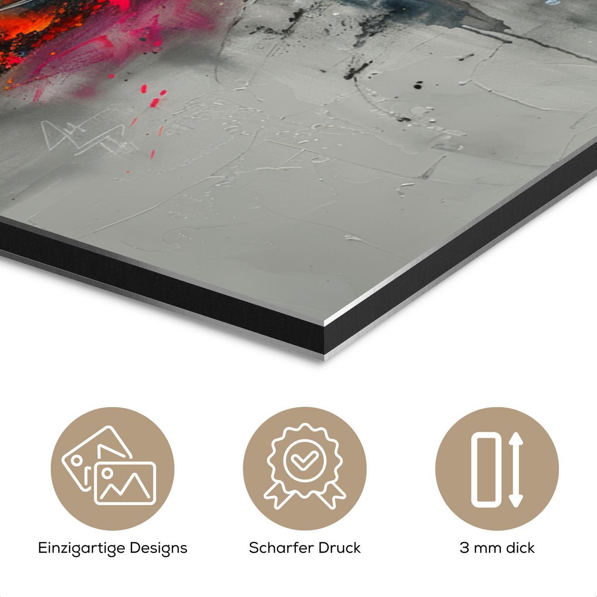 METALLBILD Moderne Kunst - Orange - Grau - Abstrakt 30x20 cm - Hellgrau, Metall (30/20cm) - MuchoWow