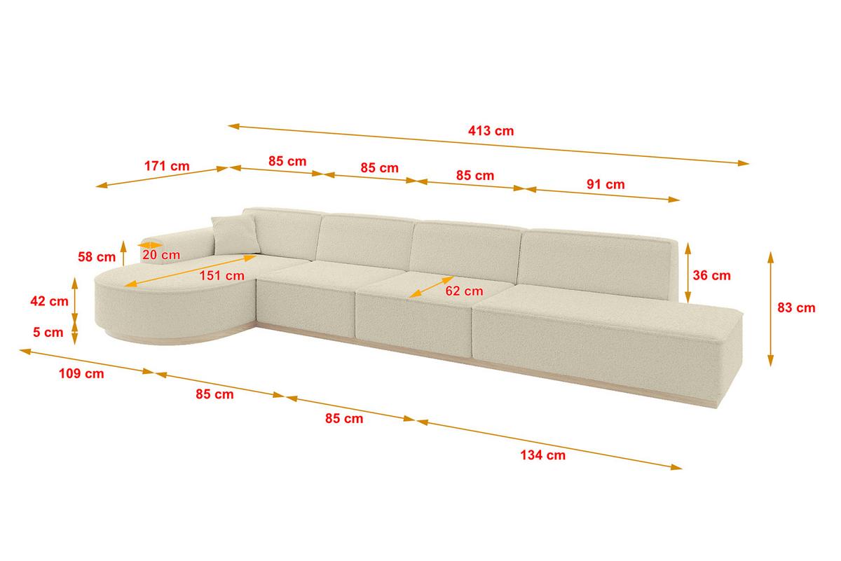 ECKSOFA Ottomane Links ARRIO-L3 - 413x171x83 cm Beige - Beige, Holzwerkstoff/Textil (413/171cm) - ALTDECOR