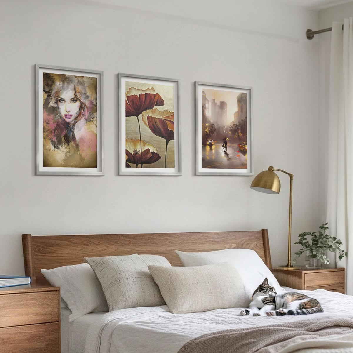 BILDER SET 3er Set - 40x60 cm Silberner Rahmen - Abstraktes Porträt einer Frau mit Blumen und Regen - Silberfarben, Kunststoff (40/60cm) - TULUP