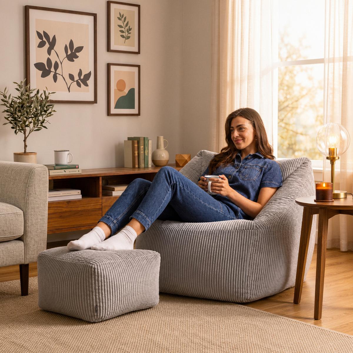 SITZSACK Cord Sessel Natalia mit Hocker - Hellgrau/Grau, Textil (97/73/84cm) - icon