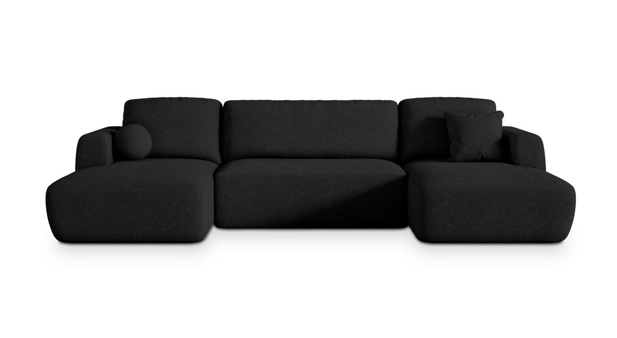 WOHNLANDSCHAFT SENTUM N Schwarz Boucle-Stoff mit Schlaffunktion - Schwarz, Holz/Kunststoff (330/90/148cm) - MASSENO