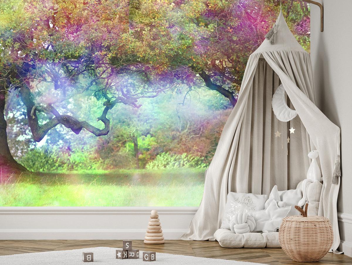FOTOTAPETE für Kinderzimmer Magischer Bunter Wald Bäume Sträucher Blätter Pflanzen 100x70 - Gelb/Rot, Papier (100/70cm) - Muralo