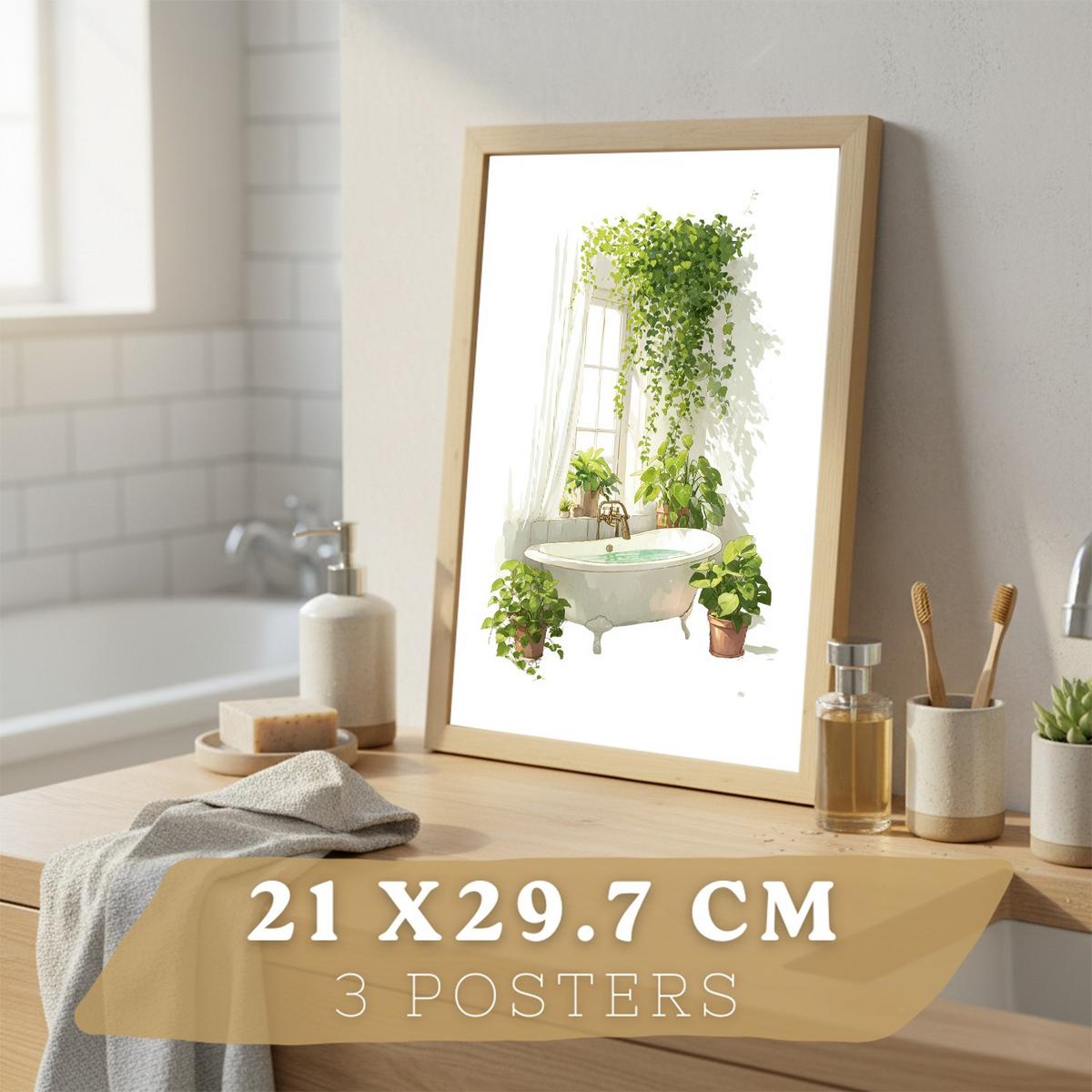 POSTER 3er-Set dekorative Badezimmerbilder, Wanddeko, im botanischen Stil, für Toilette, grüne Pflanzen Leichter Holzrahmen A4 - Beige, Papier (29.7/21/3cm) - Nacnic