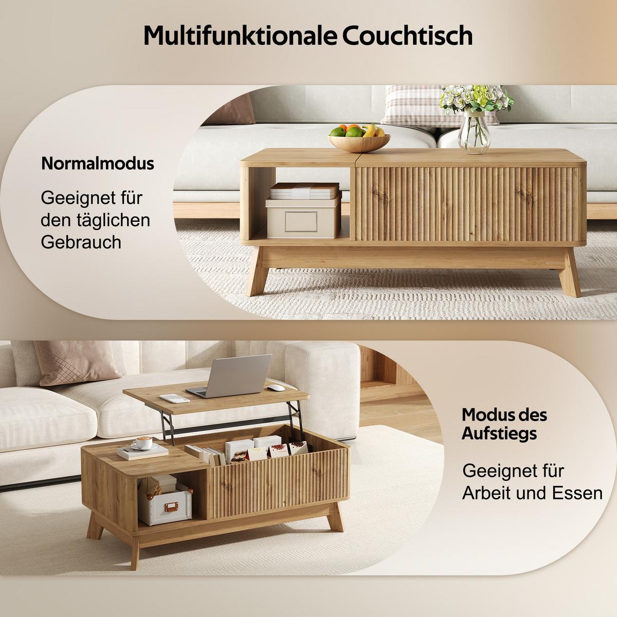 COUCHTISCH holzoptik & 3d-wellen-design mit lift-funktion & verstecktem stauraum - Naturfarben, Holzwerkstoff (48/95/50cm) - Urban Meuble