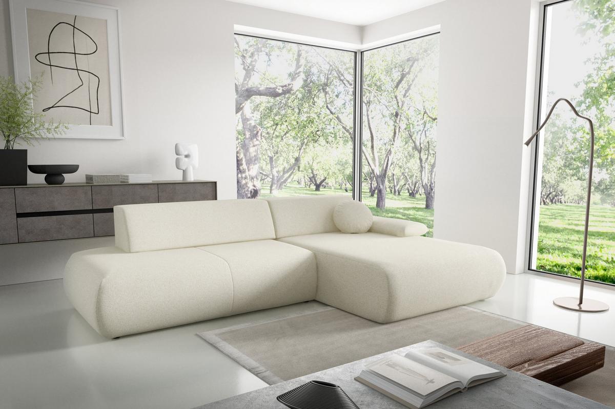ECKSOFA DELTA R-S Creme Geflochtener Stoff mit Schlaffunktion - Creme, Holz (286/173.5cm) - MASSENO