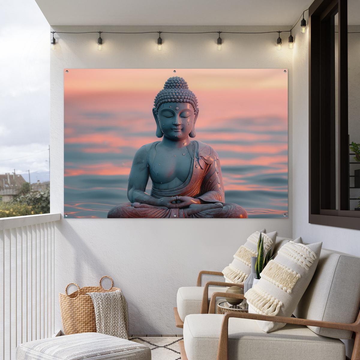 GARTENPOSTER Buddha - Statue - Buddha - Wasser - Kunst - Buddha Poster für draußen 180x120 cm - Blaugrau, Kunststoff (180/120/0.2cm) - OnlyWow