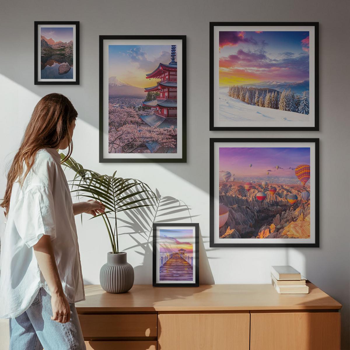 BILDER SET 5er Set - 50x50 cm & 20x30 cm & 40x60 cm Schwarzer Rahmen - Romantische Himmelslandschaften - Schwarz, Kunststoff (40/60cm) - TULUP