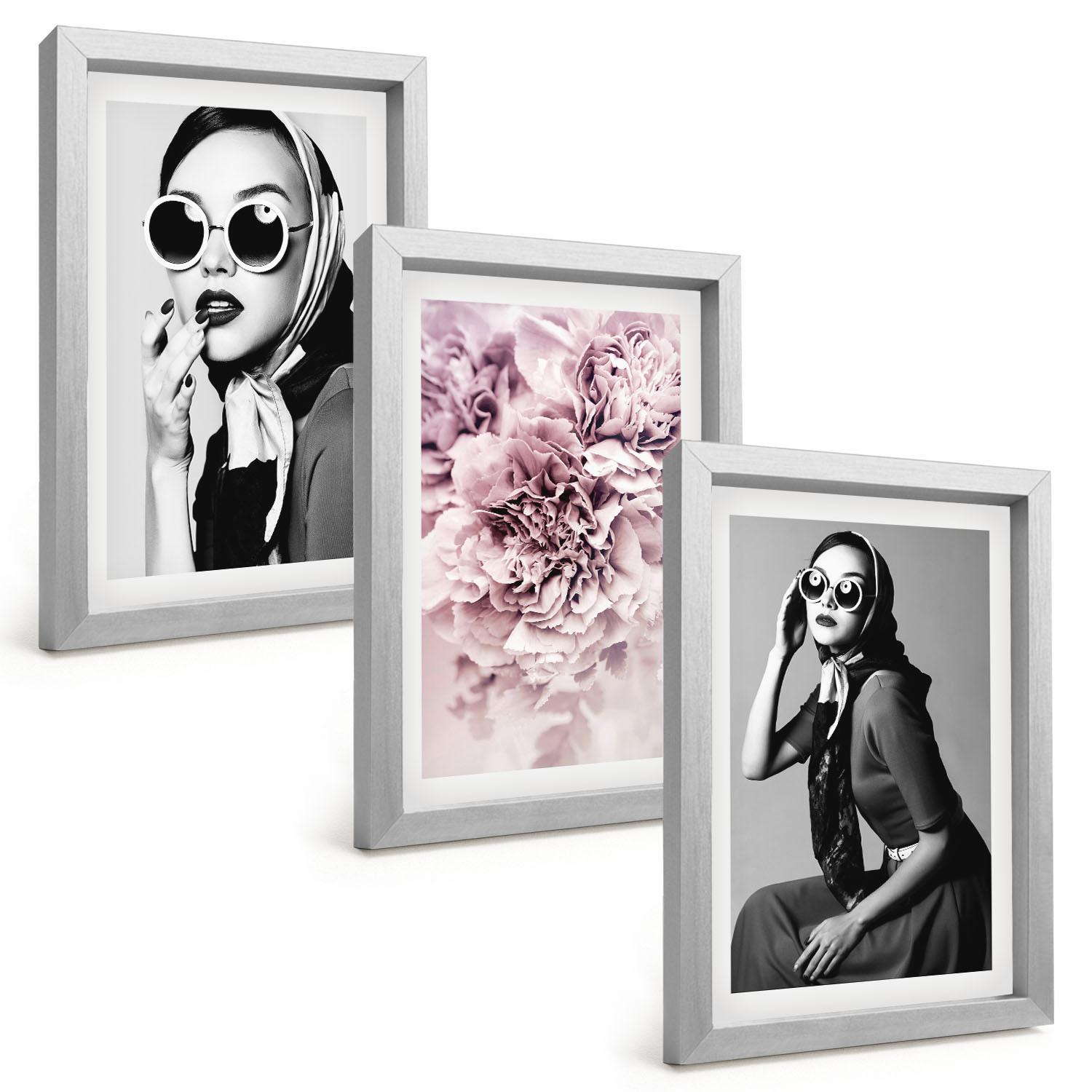 BILDER SET 3er Set - 20x30 cm Silberner Rahmen - Stilvolle Porträts von Frauen mit Blumen - Silberfarben, Kunststoff (20/30cm) - TULUP