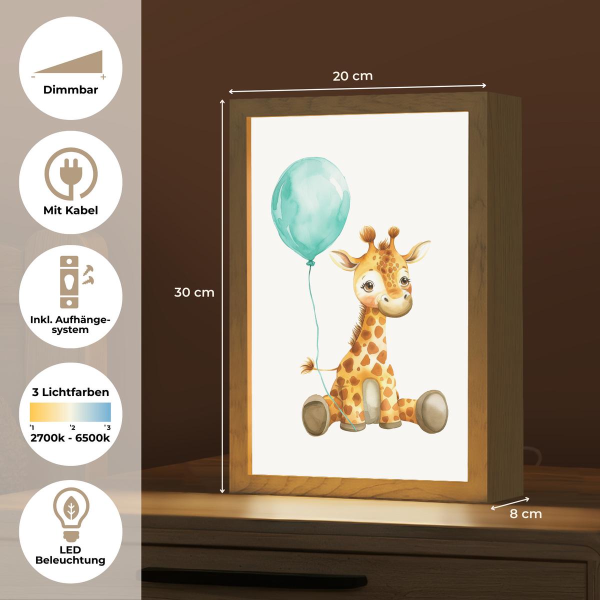 NACHTTISCHLAMPE Giraffe - Baby - Tiere - Blauer Ballon 20x30 cm - Weiß, Holzwerkstoff (8/20/30cm) - OnlyWow