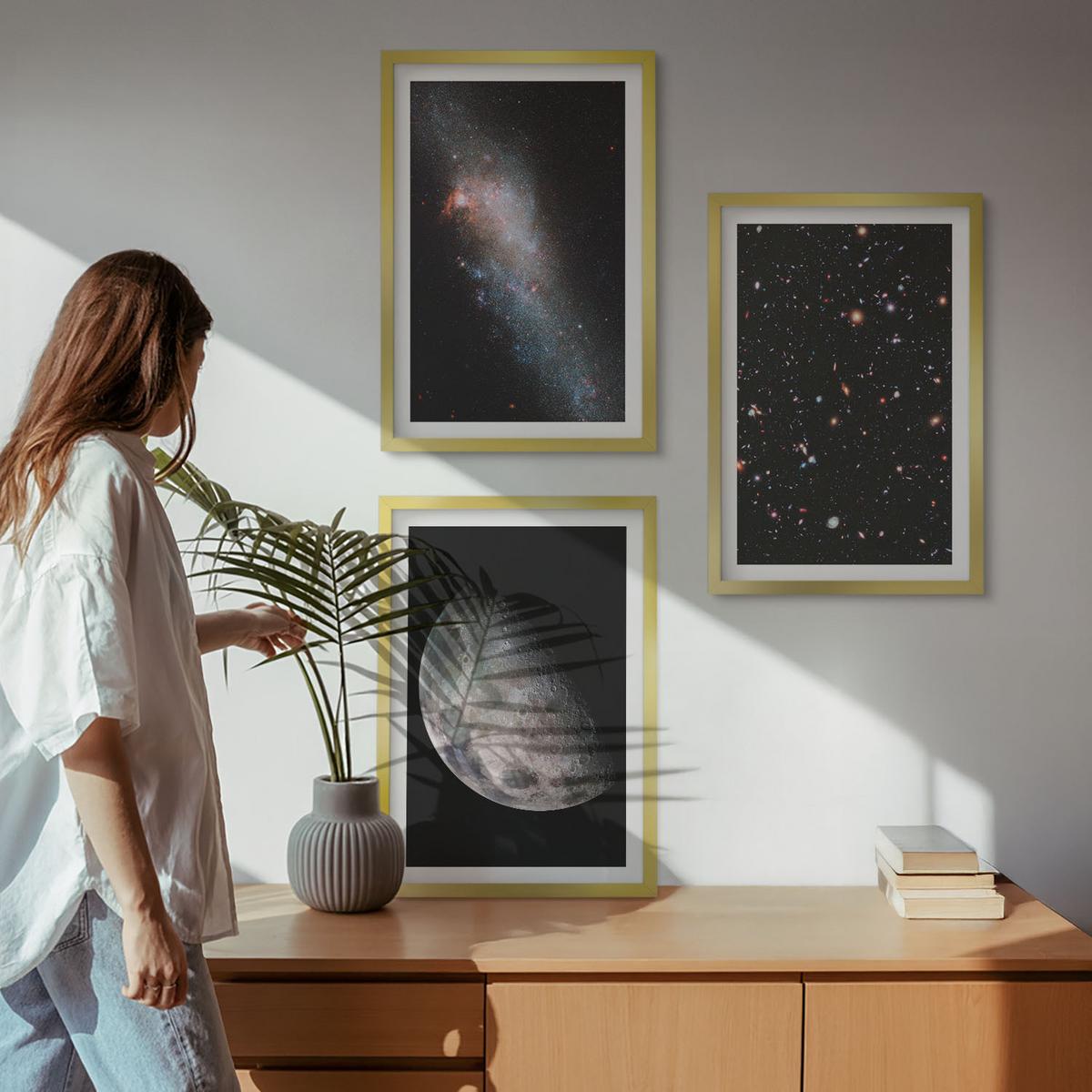 BILDER SET 3er Set - 40x60 cm Goldrahmen - Weltraum Galaxien Sterne Mond - Goldfarben, Kunststoff (40/60cm) - TULUP