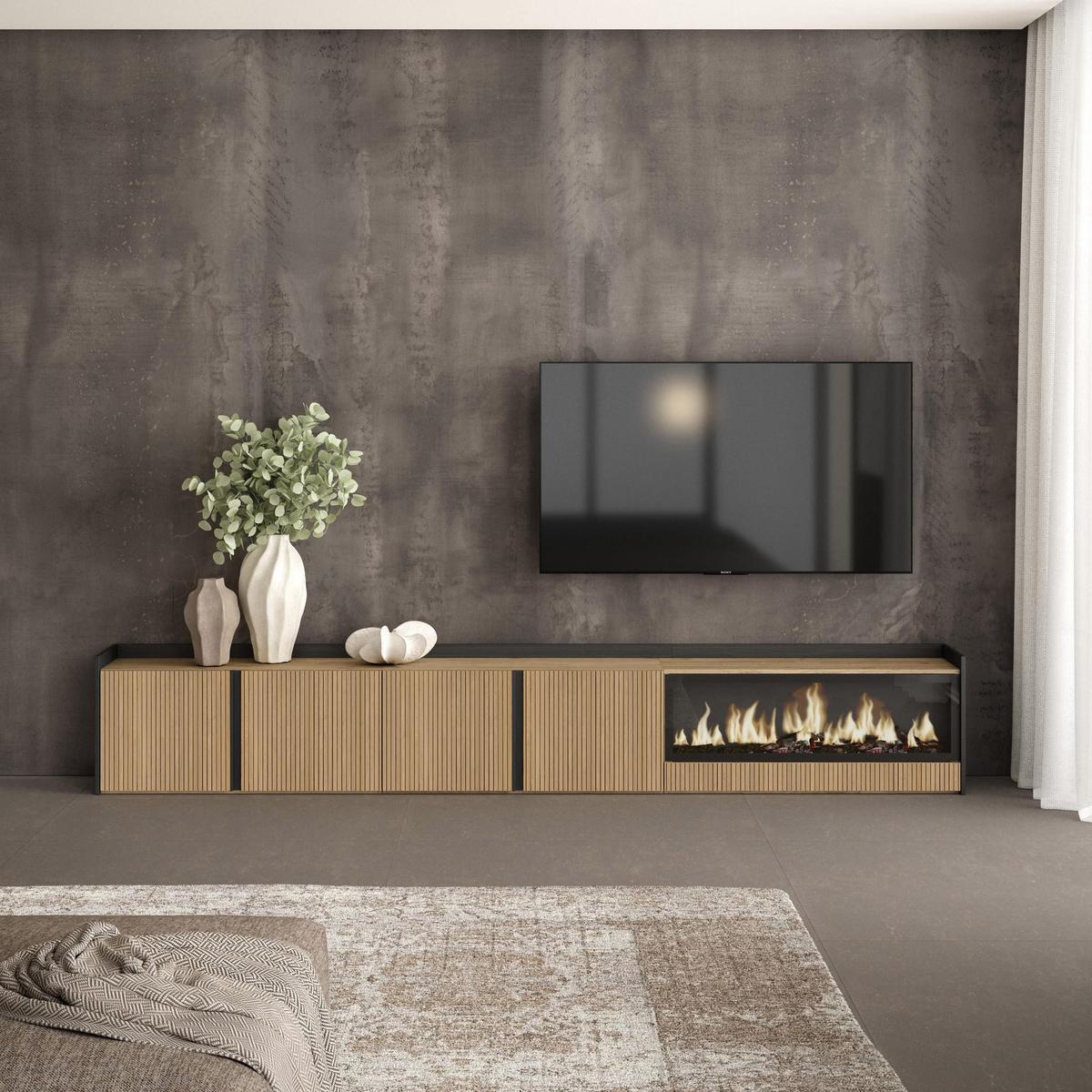 LOWBOARD, Eiche und Schwarz, 315/35/50cm, Elektrokamin XXL - Eichefarben, Holzwerkstoff (315/50/35cm) - Skraut Home