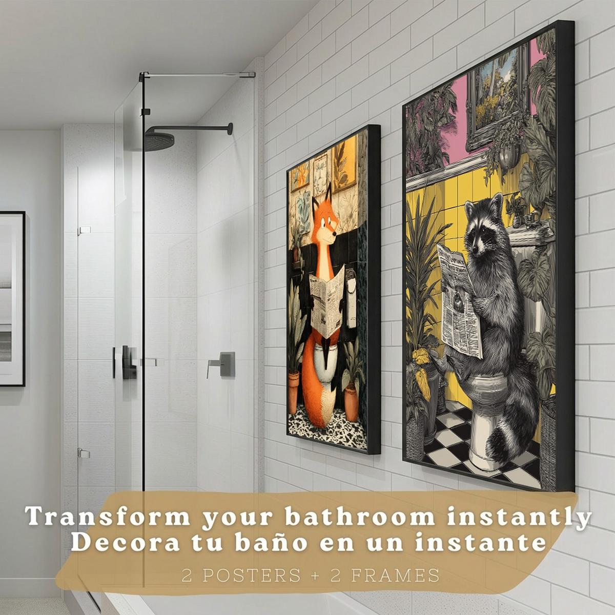 POSTER 2er-Set dekorative Badezimmer-Kunstdrucke, künstlerische für Wand, Toilette mit Tieren auf der Toilette, Vintage Schwarzer Rahmen A3 - Schwarz, Papier (42/29.7/3cm) - Nacnic
