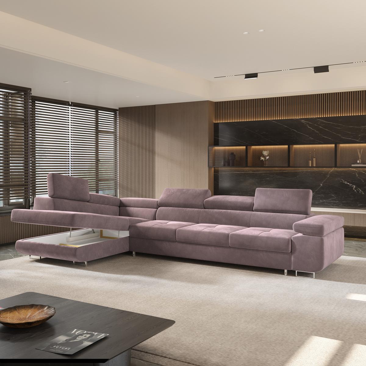ECKSOFA VICENTE Lila Velours-Stoff mit Schlaffunktion - Lila, Holz (346/202cm) - MASSENO