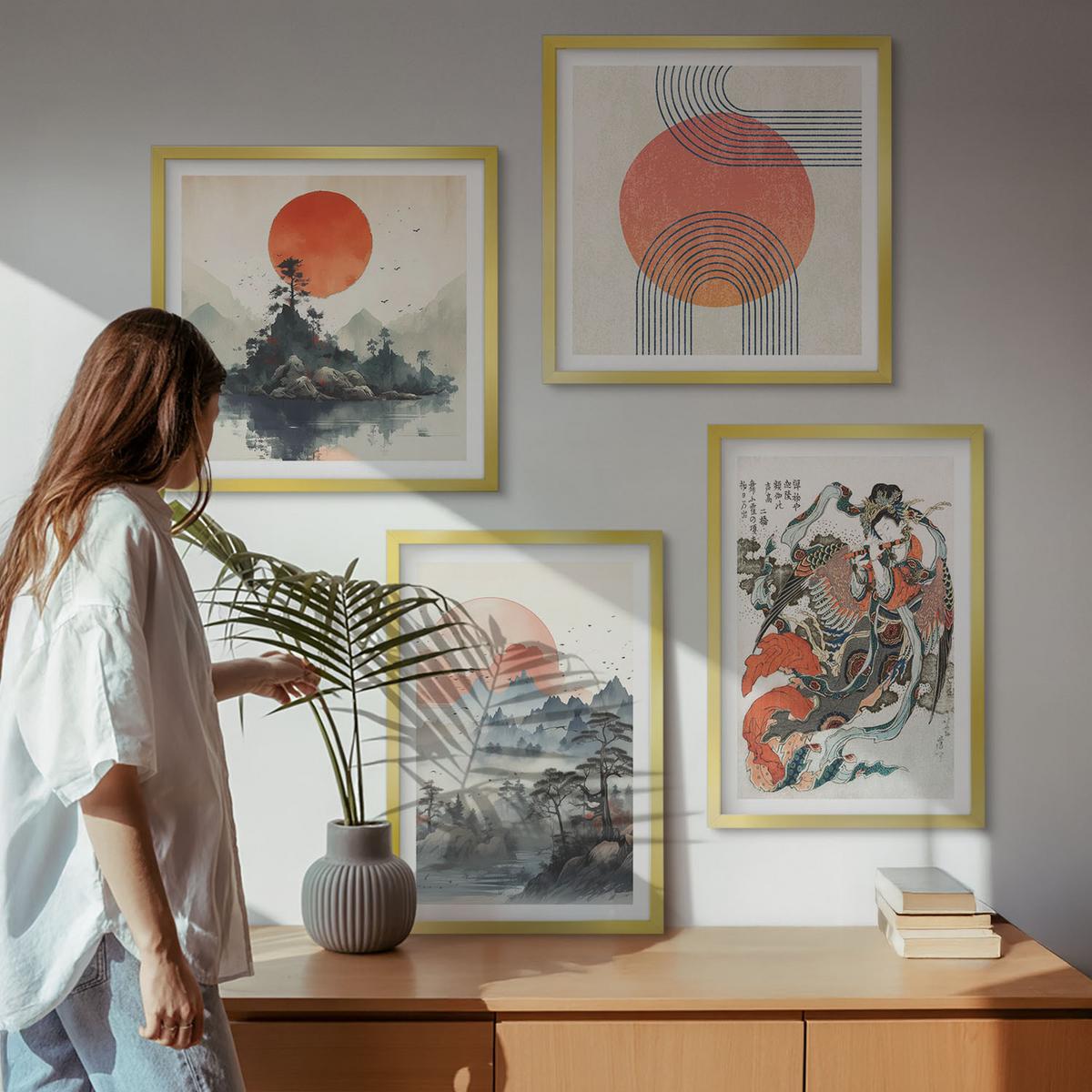 BILDER SET 4er Set - 50x50 cm & 40x60 cm Goldrahmen - Asiatische Landschaften Japandi - Goldfarben, Kunststoff (50/50cm) - TULUP