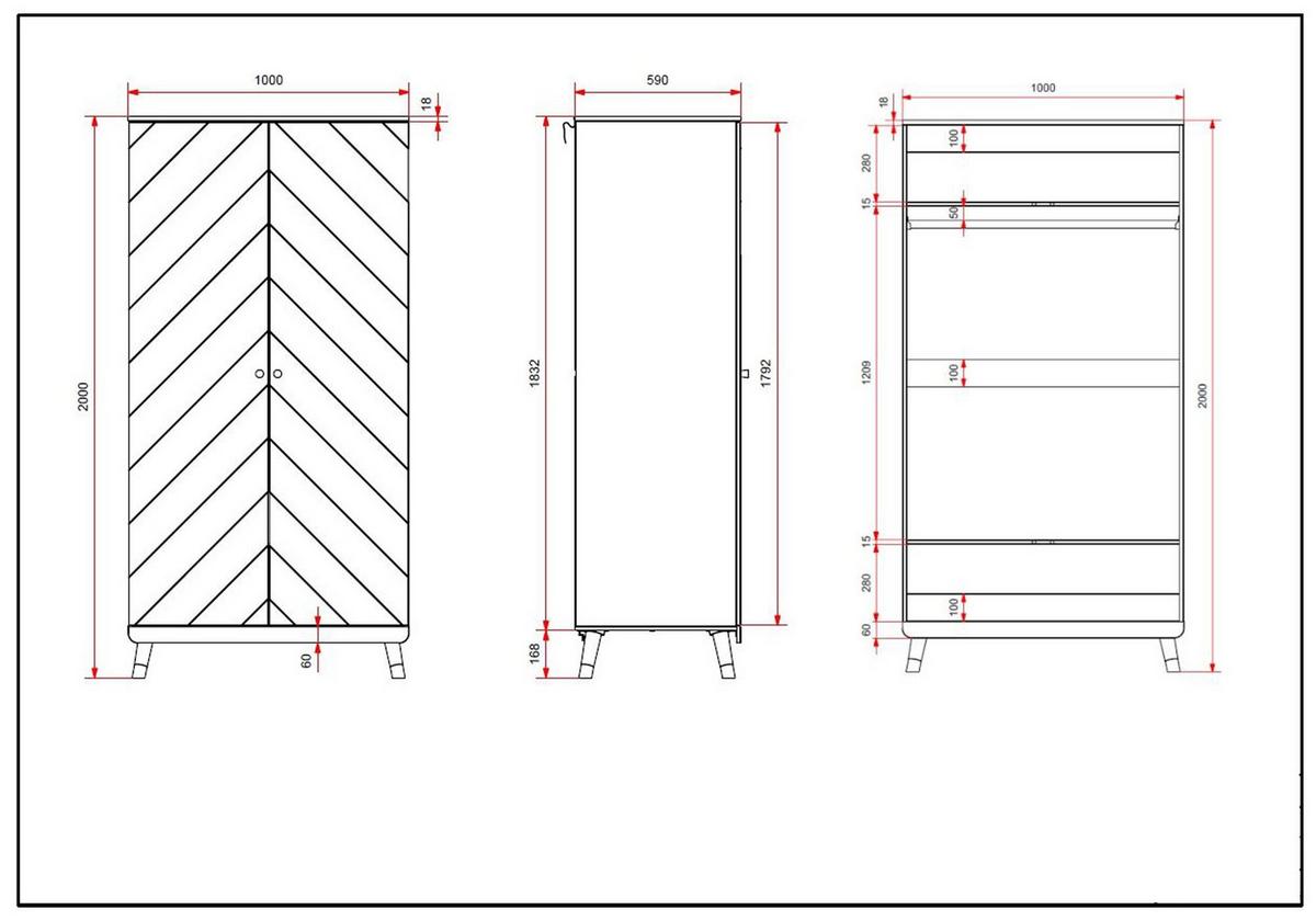 KLEIDERSCHRANK Kamillah 100x59x200 mit 2 Türen aus MDF in Satin Weiß - Weiß, Holzwerkstoff (100/200/59cm) - 58aufmkessel