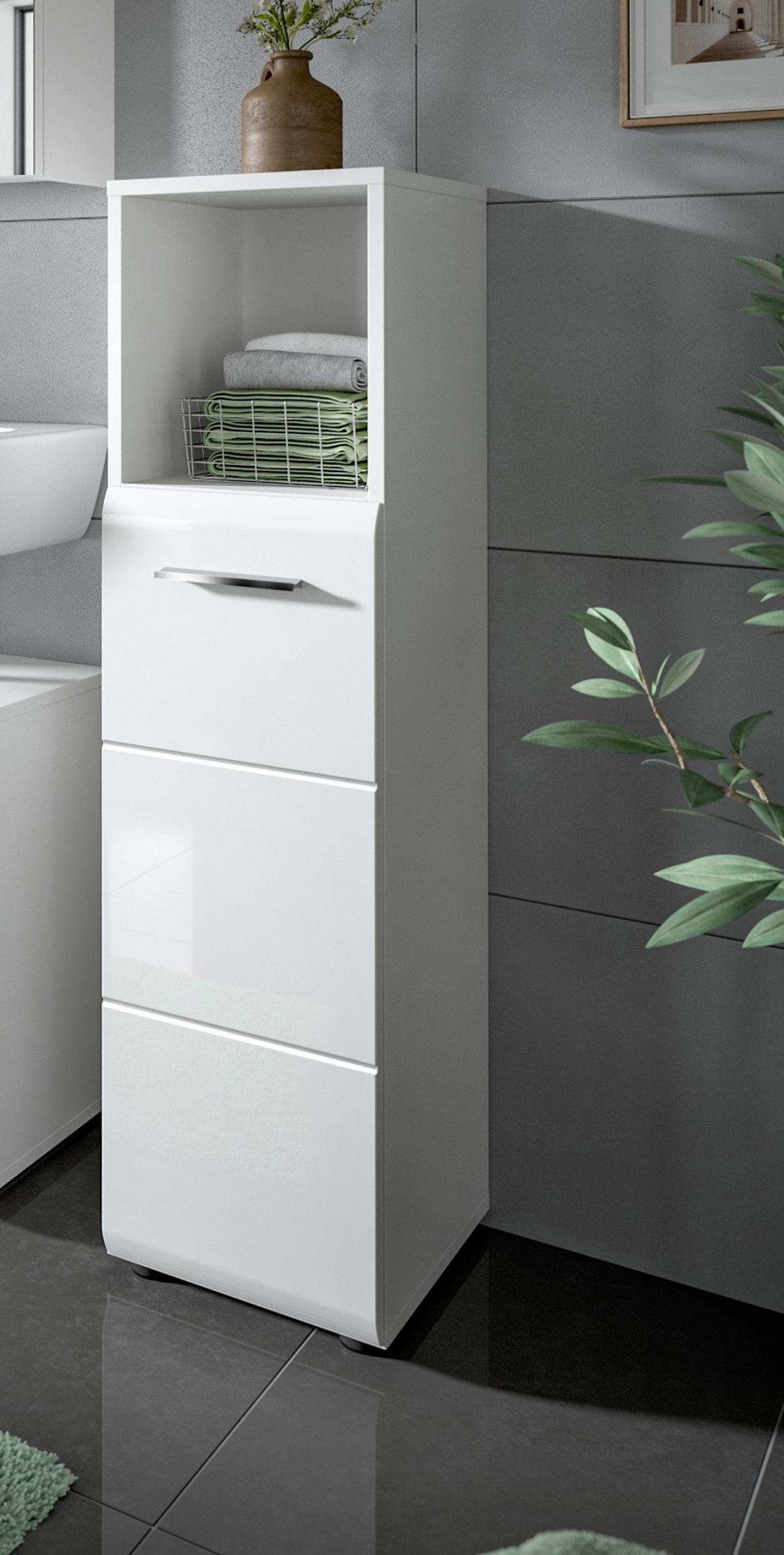 BADKOMMODE weiß Hochglanz, Badezimmer Kommode 30 x 110 cm - Weiß Hochglanz/Silberfarben, Holzwerkstoff/Kunststoff (30/110/30cm) - Inn.Furn