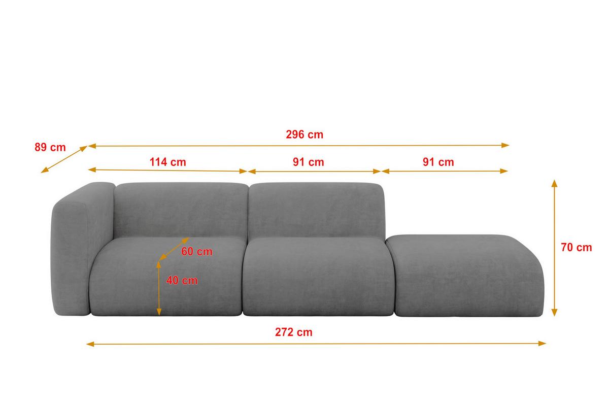 SOFA Ottomane Links MIRA-S3 296x89x70 Grau Velours - Schieferfarben/Schwarz, Holzwerkstoff/Kunststoff (296/70/89cm) - ALTDECOR