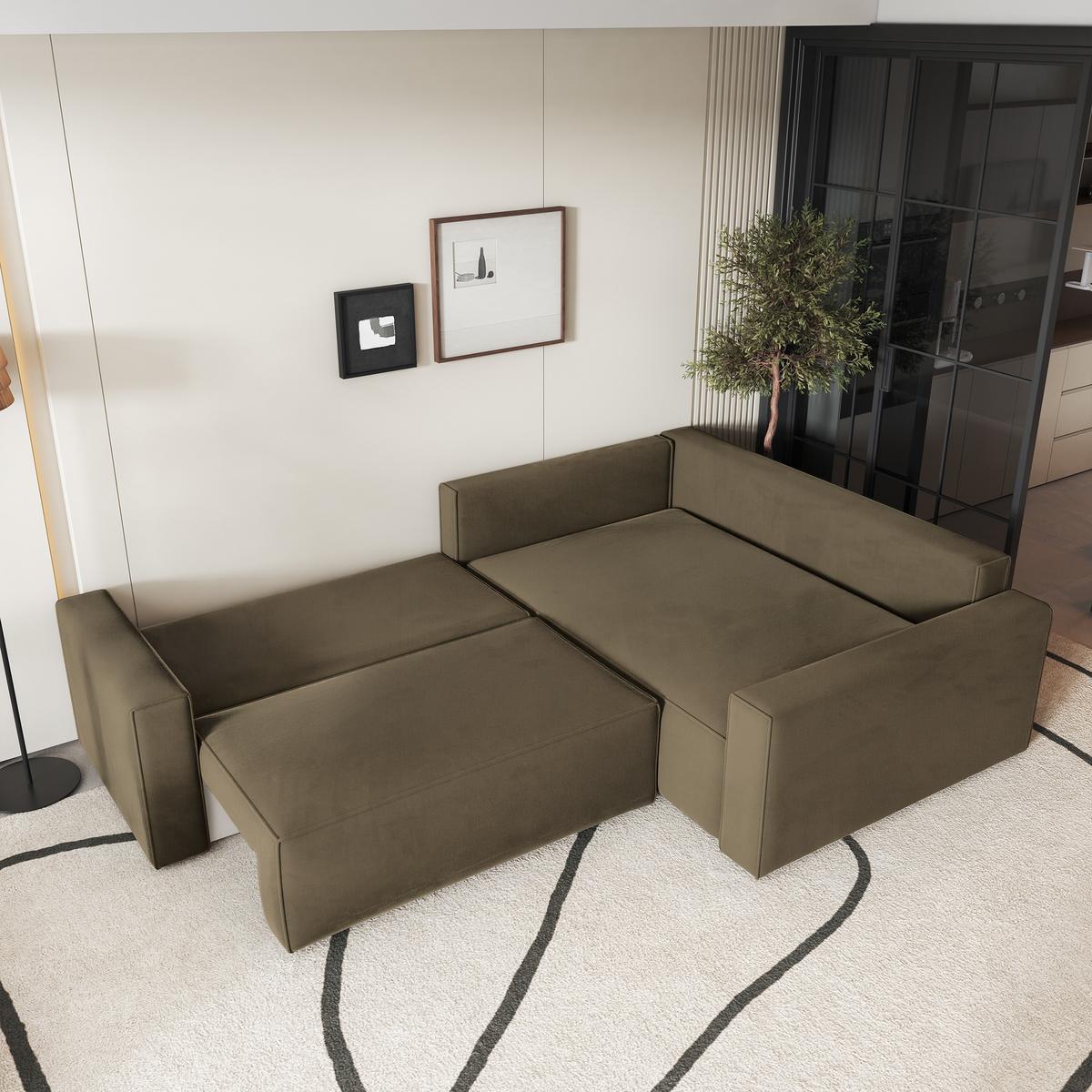 ECKSOFA ERONIS R-S Beige Velours-Stoff mit Schlaffunktion - Beige, Holz (265/194cm) - MASSENO