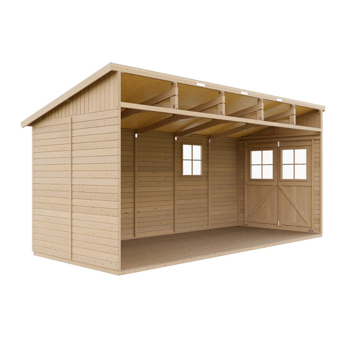 HOLZ-GARTENHAUS (ohne Seitenwand) MIT IMPRÄGNIERTEM BODEN - H244x211x514 cm/10 m2 - M341+M341G - Beige, Holz (216/249/493cm) - Timbela