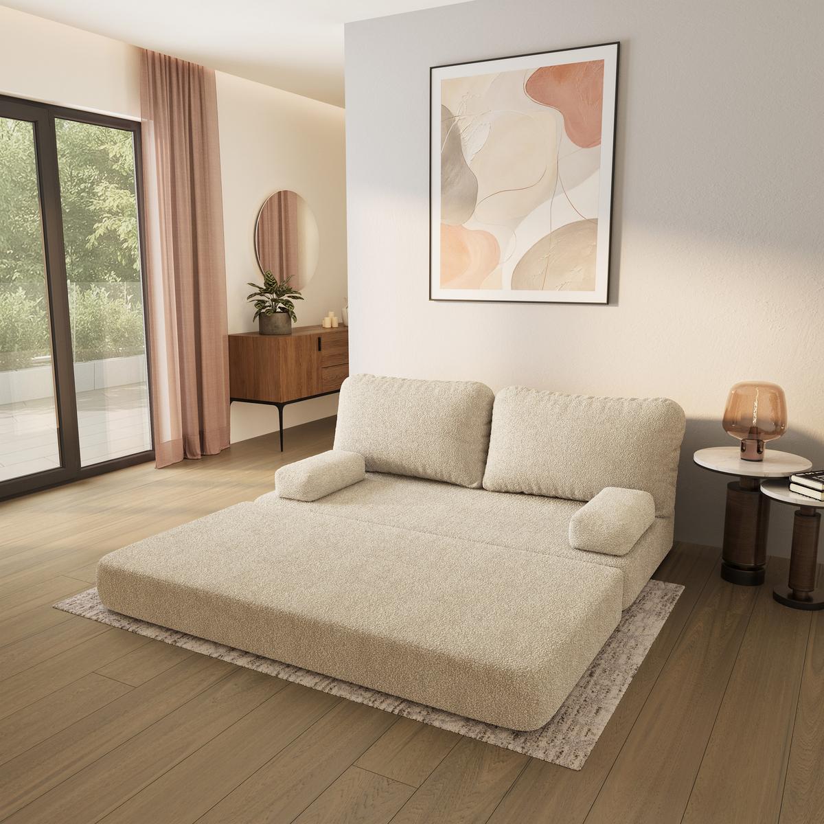 BETTSOFA NIKSI aus Schaumstoff Bucle-Stoff Creme Schlaffunktion - Creme, Textil (170/86/80cm) - MASSENO