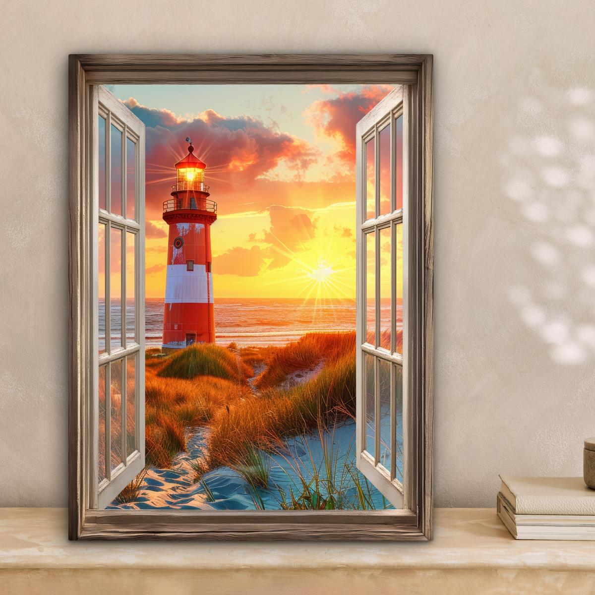 LEINWANDBILD Aussicht - Fenster - Leuchtturm - Sonnenuntergang - Strand Room Decor 30x40 cm - Dunkelorange, Textil (30/40cm) - MuchoWow