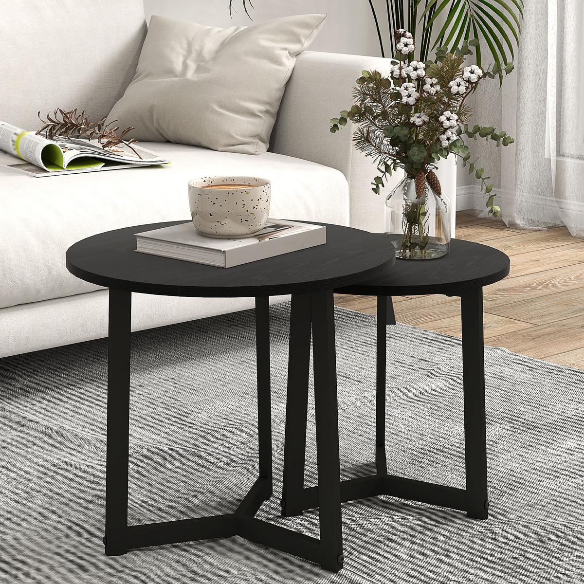 2ER-SET Couchtisch, Runder Beistelltisch, Kaffeetisch mit Stahlgestell Sofatisch - Schwarz, Metall (48/48/45cm) - HOMCOM
