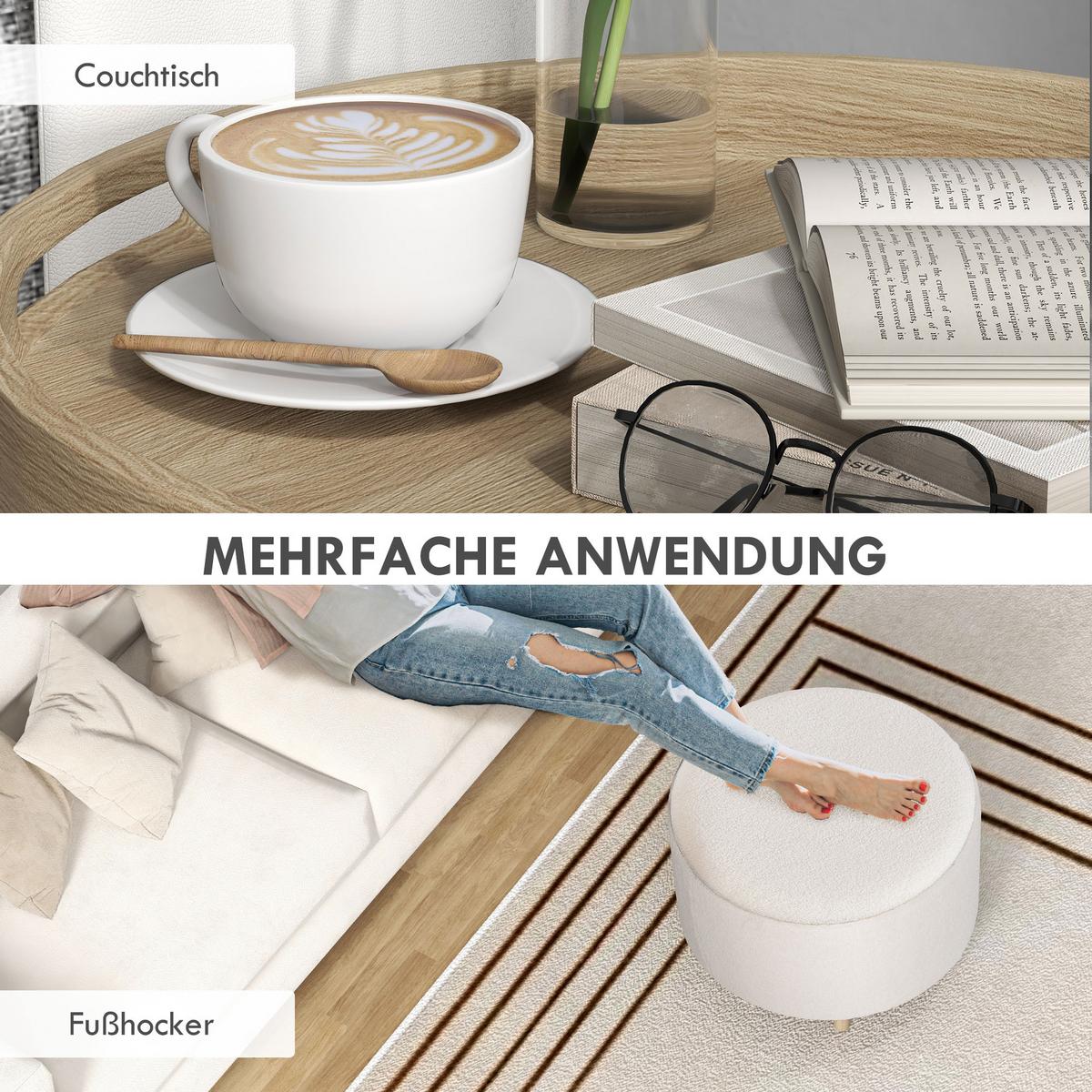 SITZHOCKER Ottomane mit Stauraum Runder Polsterhocker mit Klappdeckel, Weiß - Weiß/Naturfarben, Eichenholz/Kunststoff (56/42/56cm) - HOMCOM