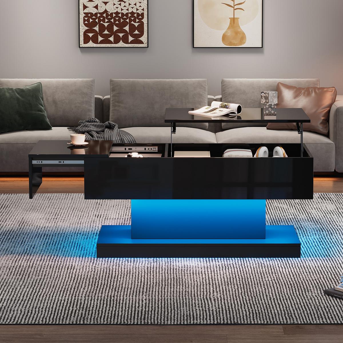 COUCHTISCH Hochglanz Schwarz mit LED Liftfunktion & Stauraum 100×50 cm - Weiß, Holzwerkstoff (50/100/45cm) - Urban Meuble