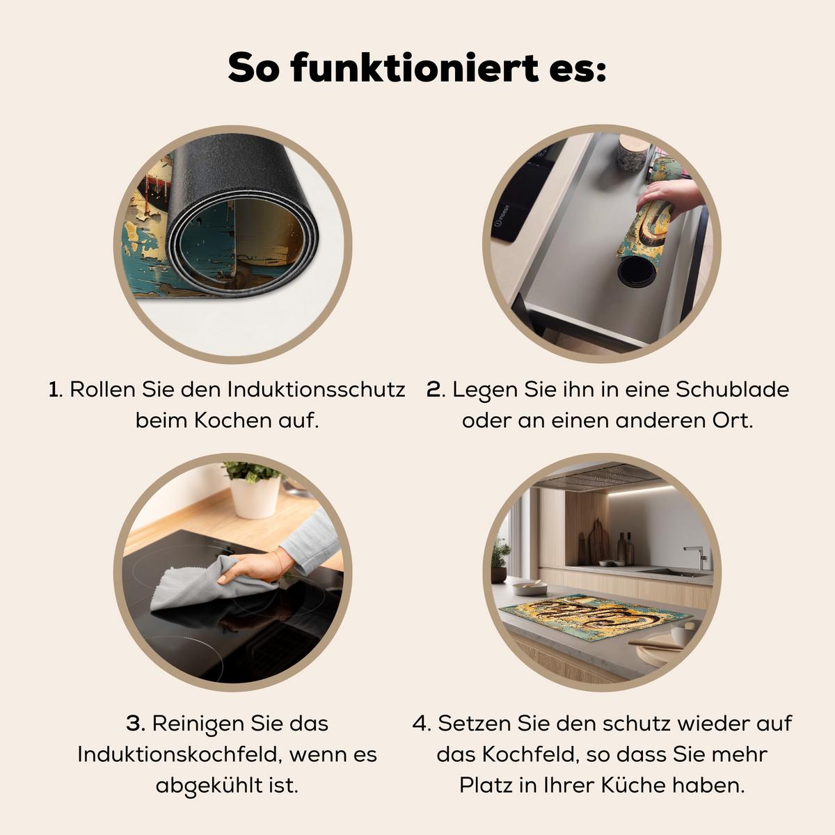 HERDABDECKPLATTE Kaffee - Vintage - Braun - Tasse Induktionsmatte 81x52 cm - Teakfarben, Kunststoff (81/52/0.2cm) - MuchoWow