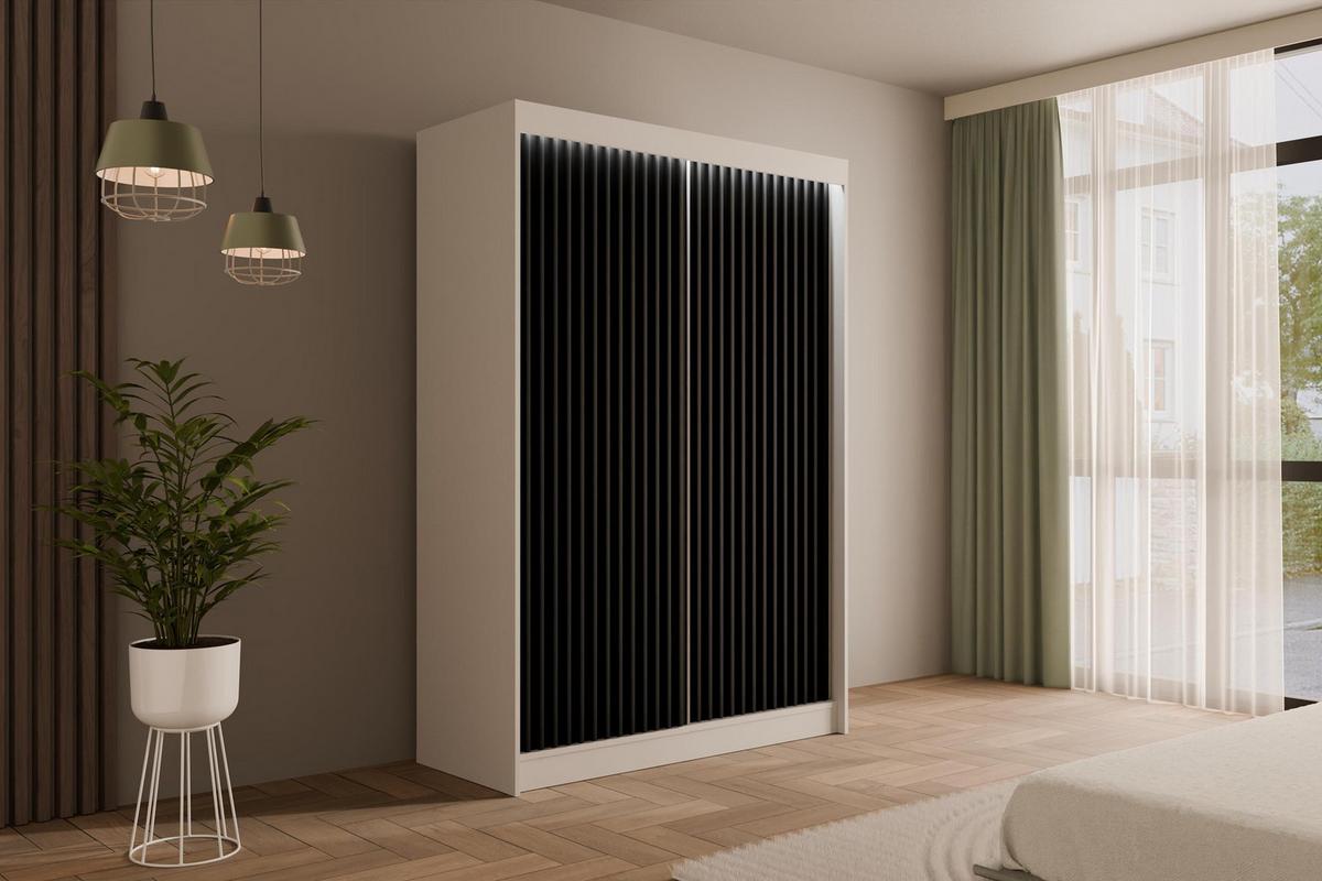 KLEIDERSCHRANK mit LED, Lamel-Schiebetüren VILANv2 - 150 cm Weiß + Lamelle schwarz - Schwarz/Weiß, Holzwerkstoff (150/215/61cm) - ALTDECOR
