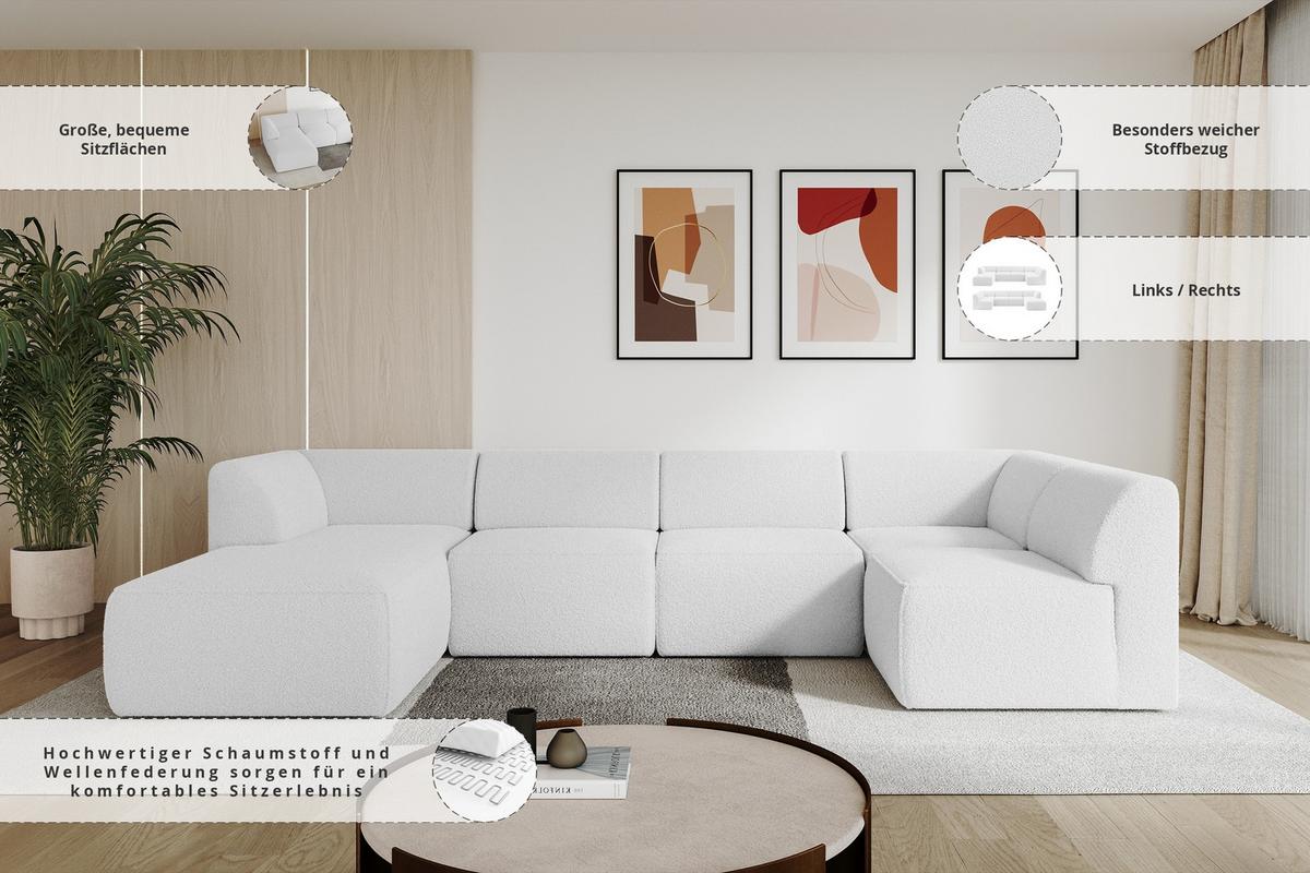 WOHNLANDSCHAFT Ottomane Links MOVO-L 345x180x78 cm Weiß Bouclé - Weiß, Holzwerkstoff/Kunststoff (345/78/180cm) - ALTDECOR