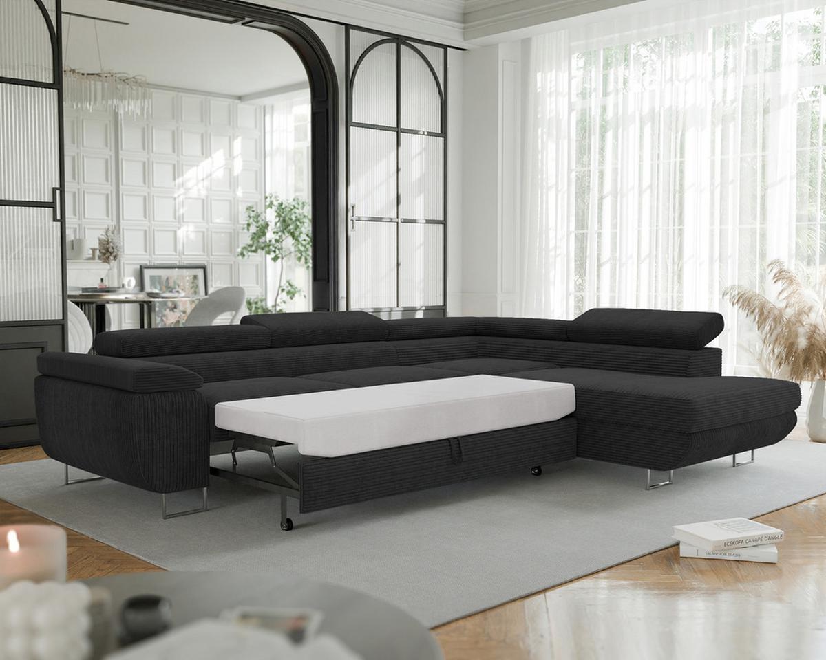 ECKSOFA ANTON rechts, mit Schlaffunktion und Bettkasten Anthrazit - Chromfarben/Anthrazit, Textil/Metall (274/203cm) - Idohome