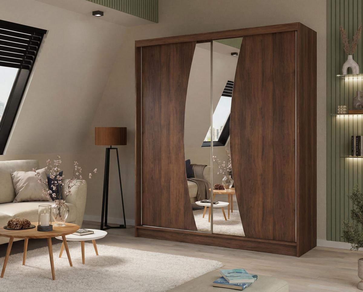SCHWEBETÜRENSCHRANK VOCE 200/216/61 cm Modern Kleiderschrank 2-türig mit Spiegel Nussbaumfarben - Nussbaumfarben, Holzwerkstoff (200/216/61cm) - MASSENO