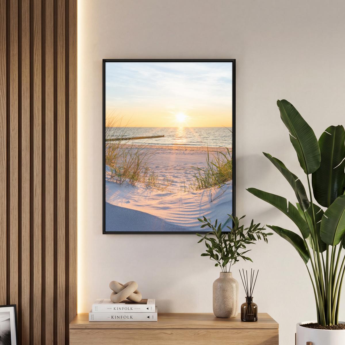 LEINWAND Bilder mit Rahmen - Strand - Sonne - Düne - Gras - Sand - Horizont - 60x80 - Hellblau, Textil (60/80cm) - MuchoWow