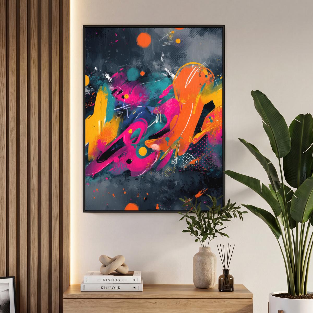 LEINWAND Bilder mit Rahmen - Abstrakt - Graffiti - Farbenfroh - Farbspritzer - 70x100 - Multicolor, Textil (70/100cm) - MuchoWow