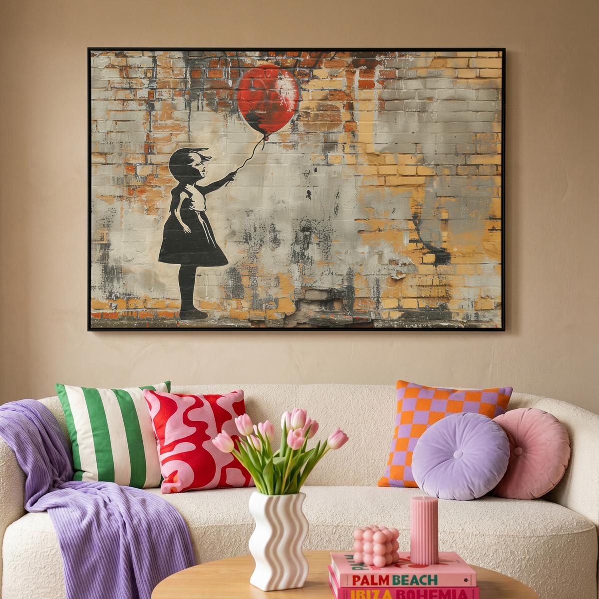 LEINWAND Bilder mit Rahmen - Graffiti - Banksy - Mädchen - Straßenkunst - 150x100 - Sandfarben, Textil (150/100cm) - MuchoWow