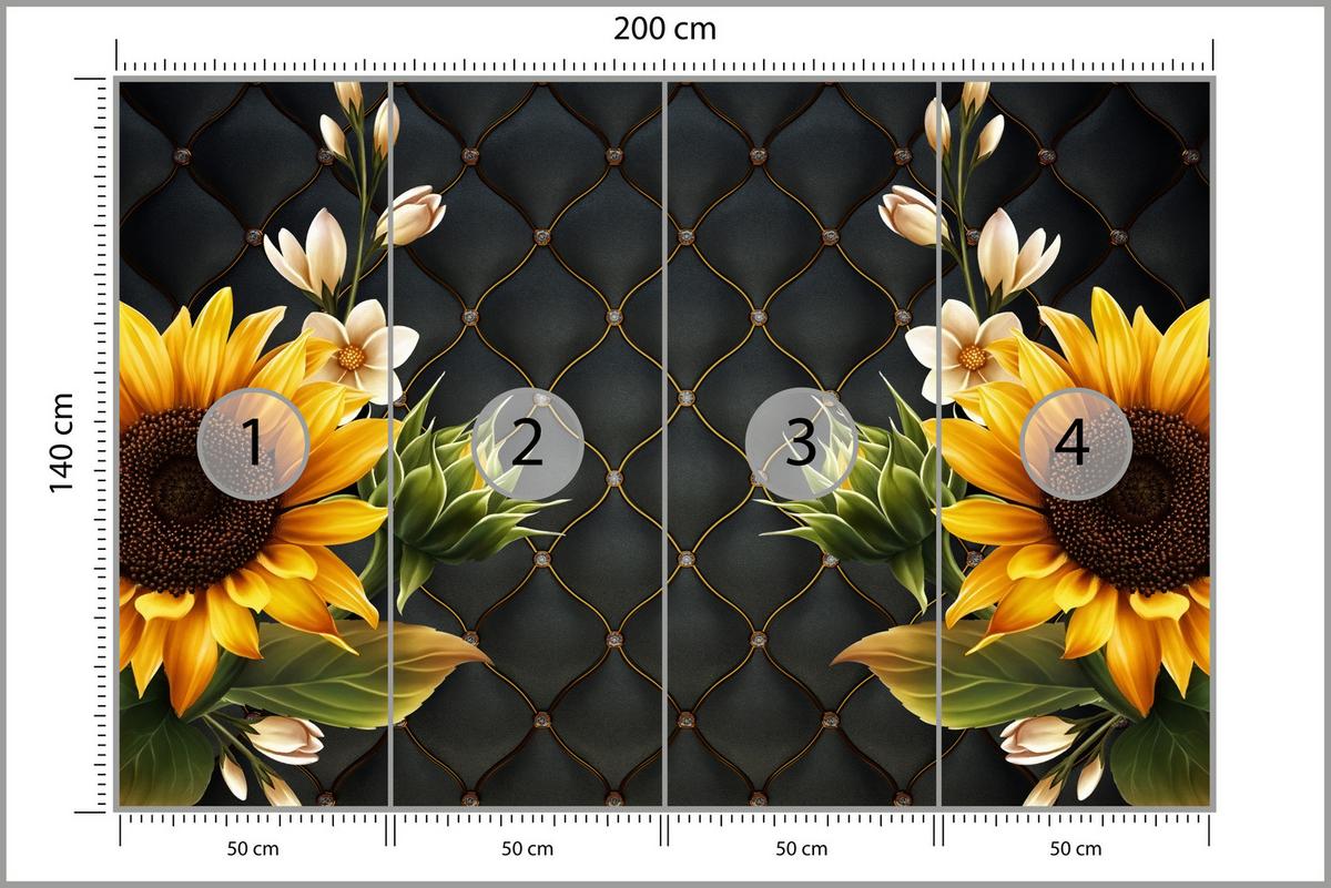 FOTOTAPETE für Küche Blume Sonnenblumen auf gestepptem Hintergrund 200x140 - Gelb/Schwarz, Papier (200/140cm) - Muralo
